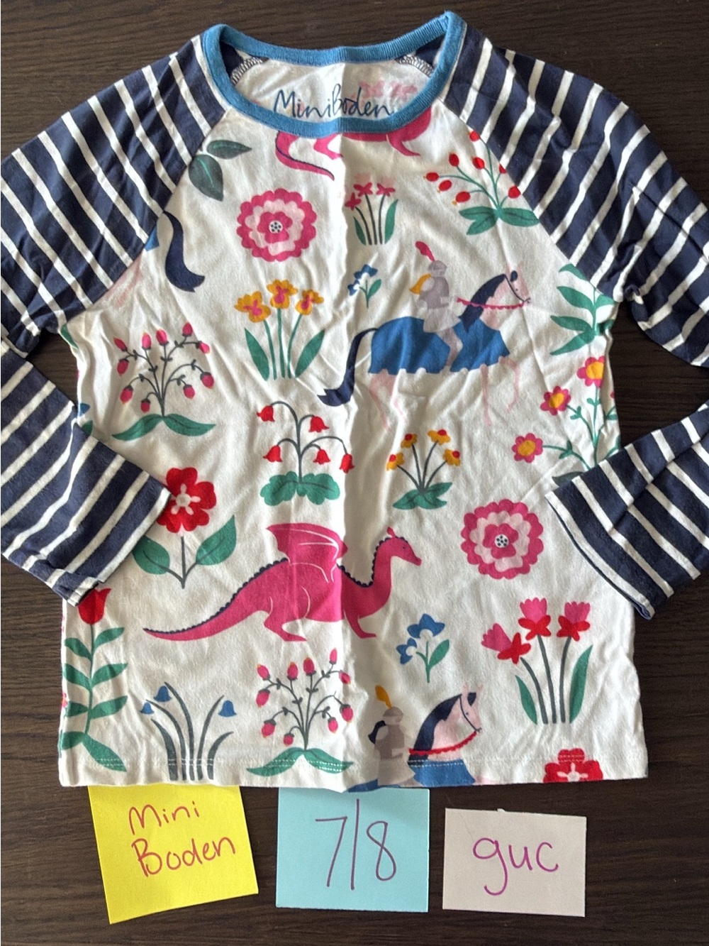 Mini Boden White Long Sleeve Tee with Pink Dragon knight & Floral Print